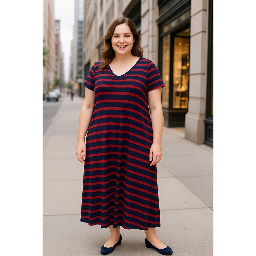 Lane Bryant Dress 14/16 1X Striped Knit Red Navy Crisscross Accent Midi Length
